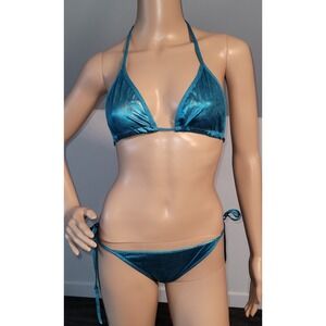 Woman Small Blue Metallic Look Bikini Top Brazilian Bottom  SL4237